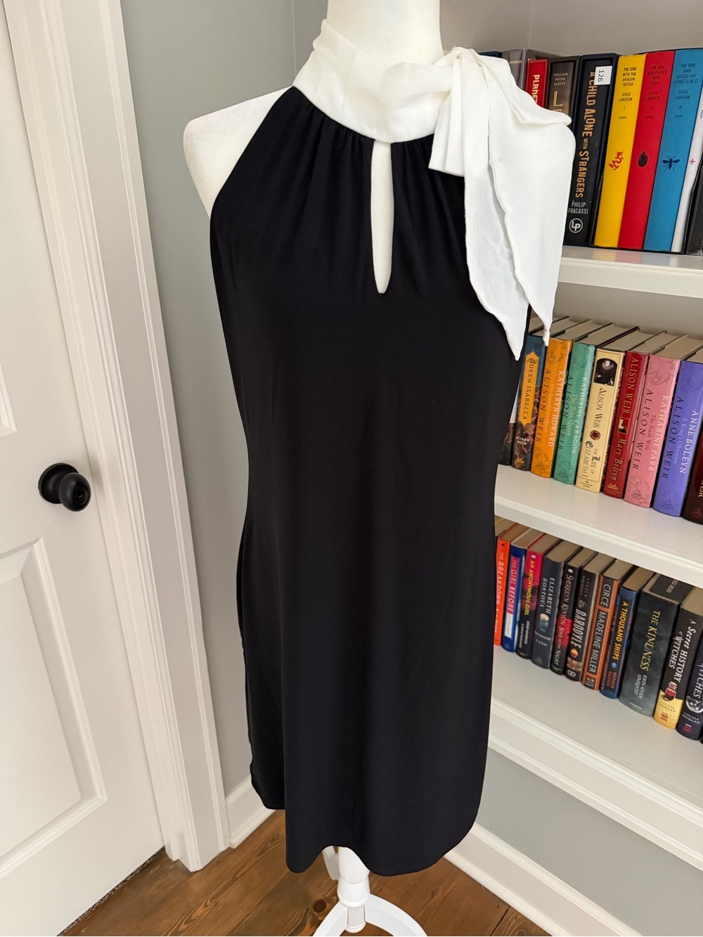 White House Black Market Black One-Shoulder Halter Dress with White Neck Tie